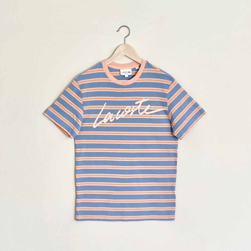 Lacoste Crew Neck Orange Blue Striped Logo T Shirt Men’s size Small